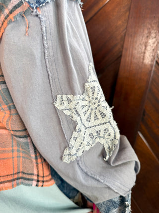 Patchwork Plaid & Denim Shacket
