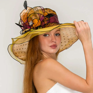 Wide Brim Organza Sun Hat with Detachable Crystal
