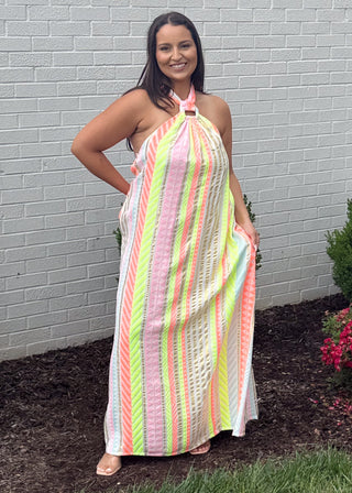 Neon Sunset Halter Dress
