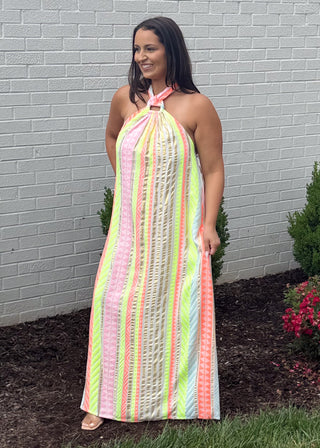 Neon Sunset Halter Dress