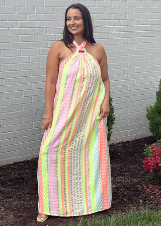 Neon Sunset Halter Dress
