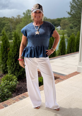 Denim Romance Smocked Ruffle Top