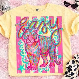 Colorful t-shirt with a tiger design and 'Easy' text on a pink background