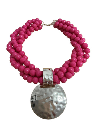 Multi Strand Beaded Necklace w/Hammered Disc Pendant