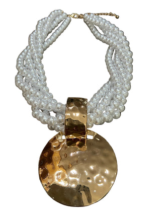 Multi Strand Beaded Necklace w/Hammered Disc Pendant