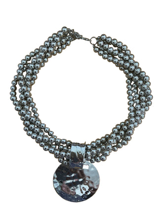 Multi Strand Beaded Necklace w/Hammered Disc Pendant
